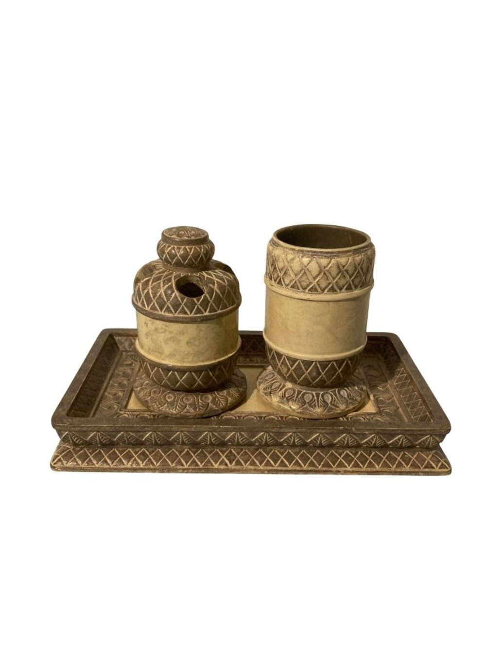 Vintage India Ink Corinthian Toothbrush Holder Tumbler And Tray Set